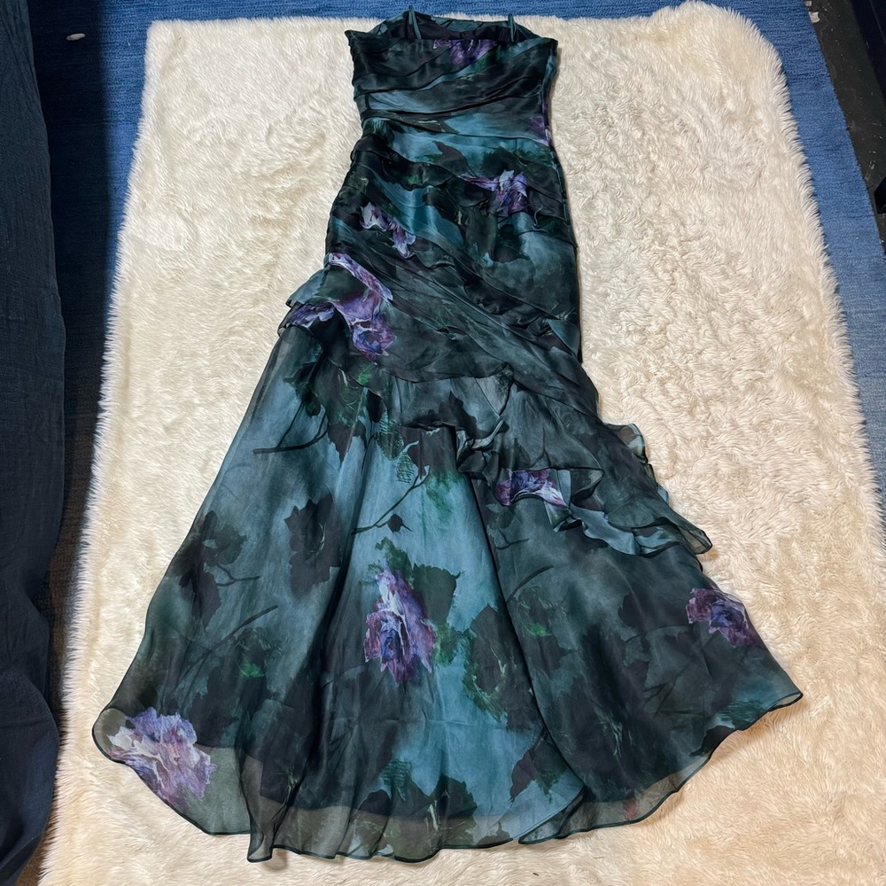 Theia Dark Teal & Purple Floral Strapless Ruffled Gown Size 8 NWT ⭐️⭐️⭐️⭐️⭐️ - Picture 3 of 11